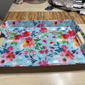 Floral Pattern Serving Tray in Aqua with Pink Flowers